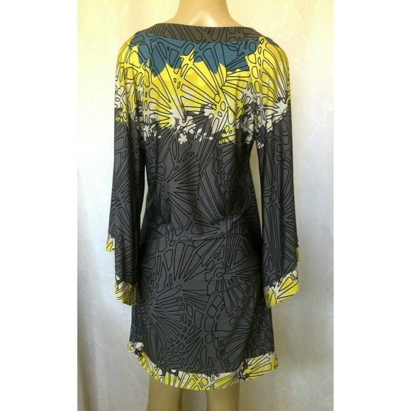 Analili Dress Jersey Ruch Sheath Gray Yellow VNeck - Picture 2 of 4